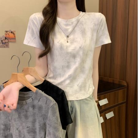 BY14238# 夏季新款法式扎染简约高级感带链子圆领时尚休闲上衣 服裝批發女裝批發服飾貨源