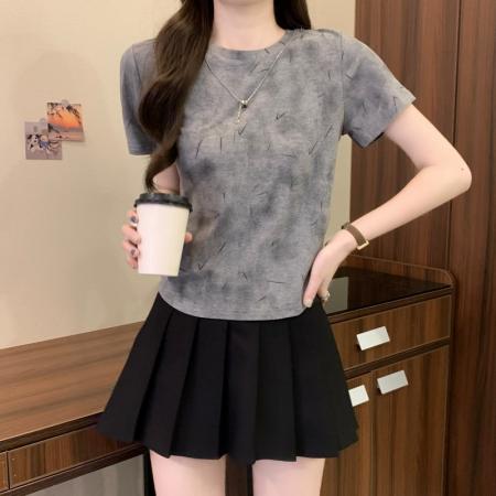 BY14238# 夏季新款法式扎染简约高级感带链子圆领时尚休闲上衣 服裝批發女裝批發服飾貨源