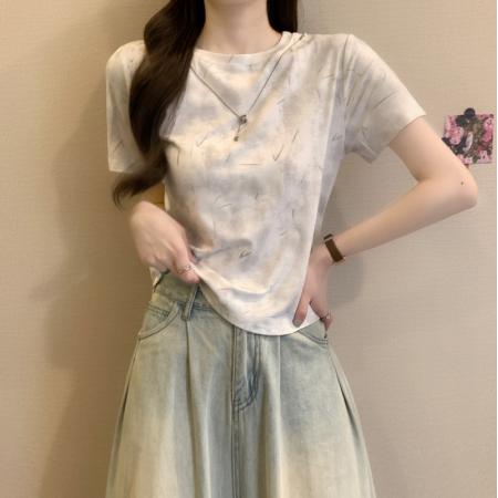 BY14238# 夏季新款法式扎染简约高级感带链子圆领时尚休闲上衣 服裝批發女裝批發服飾貨源