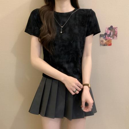 BY14238# 夏季新款法式扎染简约高级感带链子圆领时尚休闲上衣 服裝批發女裝批發服飾貨源