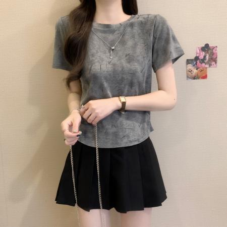 BY14238# 夏季新款法式扎染简约高级感带链子圆领时尚休闲上衣 服裝批發女裝批發服飾貨源