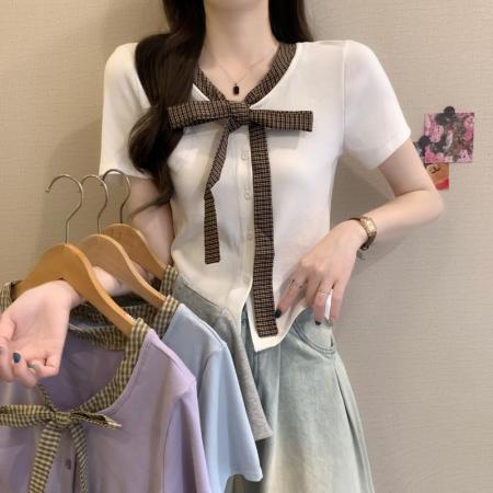BY14239# 夏季新款韩系复古拼接格子设计感小众蝴蝶结修身短袖上衣 服裝批發女裝批發服飾貨源