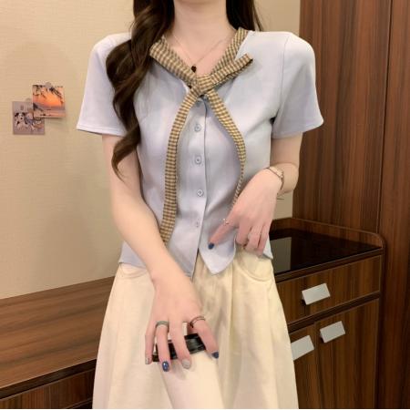 BY14239# 夏季新款韩系复古拼接格子设计感小众蝴蝶结修身短袖上衣 服裝批發女裝批發服飾貨源