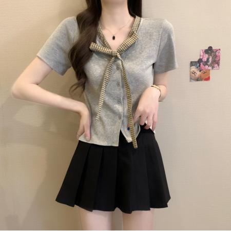 BY14239# 夏季新款韩系复古拼接格子设计感小众蝴蝶结修身短袖上衣 服裝批發女裝批發服飾貨源