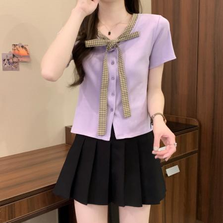 BY14239# 夏季新款韩系复古拼接格子设计感小众蝴蝶结修身短袖上衣 服裝批發女裝批發服飾貨源