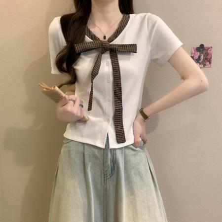 BY14239# 夏季新款韩系复古拼接格子设计感小众蝴蝶结修身短袖上衣 服裝批發女裝批發服飾貨源