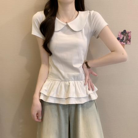 BY14240# 夏季新款芭蕾风修身绝美白色娃娃领花边下摆短袖T恤上衣 服裝批發女裝批發服飾貨源