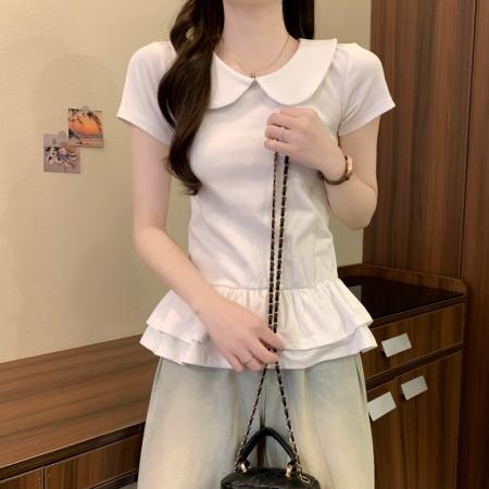 BY14240# 夏季新款芭蕾风修身绝美白色娃娃领花边下摆短袖T恤上衣 服裝批發女裝批發服飾貨源