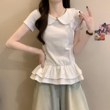 BY14240# 夏季新款芭蕾风修身绝美白色娃娃领花边下摆短袖T恤上衣 服裝批發女裝批發服飾貨源