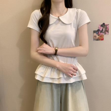 BY14240# 夏季新款芭蕾风修身绝美白色娃娃领花边下摆短袖T恤上衣 服裝批發女裝批發服飾貨源