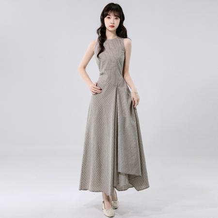 BY14241# 高知冷都女格纹掐腰连衣裙夏新修身显瘦气质圆领无袖长裙 服裝批發女裝批發服飾貨源