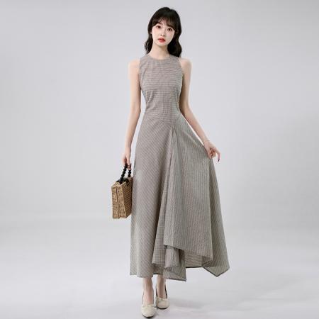 BY14241# 高知冷都女格纹掐腰连衣裙夏新修身显瘦气质圆领无袖长裙 服裝批發女裝批發服飾貨源
