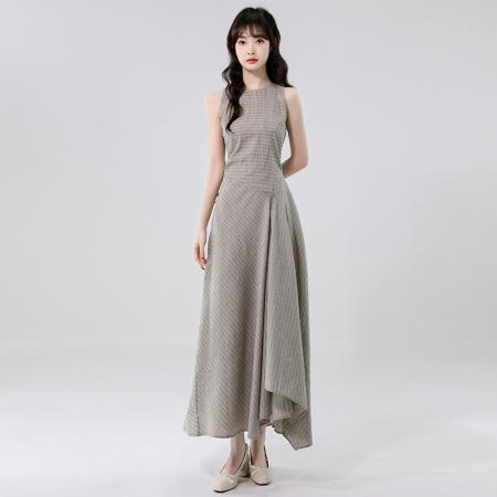 BY14241# 高知冷都女格纹掐腰连衣裙夏新修身显瘦气质圆领无袖长裙 服裝批發女裝批發服飾貨源