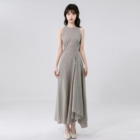 BY14241# 高知冷都女格纹掐腰连衣裙夏新修身显瘦气质圆领无袖长裙 服裝批發女裝批發服飾貨源