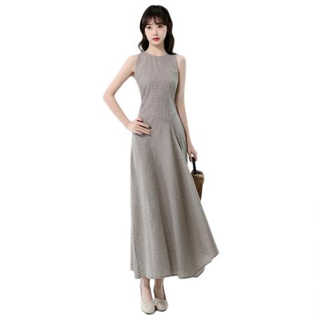 BY14241# 高知冷都女格纹掐腰连衣裙夏新修身显瘦气质圆领无袖长裙 服裝批發女裝批發服飾貨源