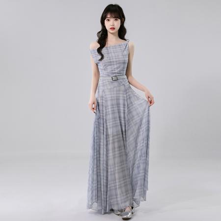 BY14242# 法式格子无袖连衣裙女夏季新款收腰显瘦气质长裙 服裝批發女裝批發服飾貨源