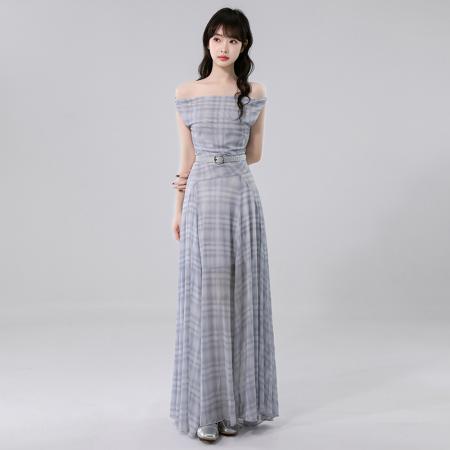 BY14242# 法式格子无袖连衣裙女夏季新款收腰显瘦气质长裙 服裝批發女裝批發服飾貨源