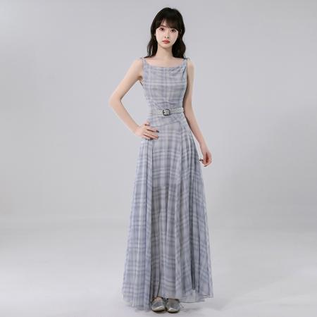 BY14242# 法式格子无袖连衣裙女夏季新款收腰显瘦气质长裙 服裝批發女裝批發服飾貨源