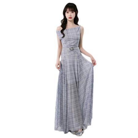 BY14242# 法式格子无袖连衣裙女夏季新款收腰显瘦气质长裙 服裝批發女裝批發服飾貨源