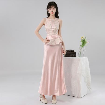 BY14243# 新中式国风名媛千金立体手工纱花鎏金提花无袖上衣半裙套装 服裝批發女裝批發服飾貨源