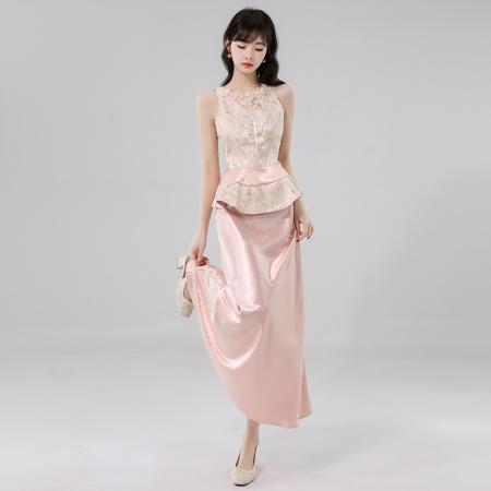 BY14243# 新中式国风名媛千金立体手工纱花鎏金提花无袖上衣半裙套装 服裝批發女裝批發服飾貨源