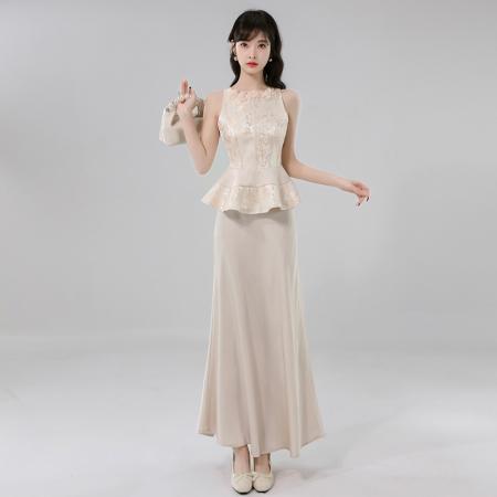 BY14243# 新中式国风名媛千金立体手工纱花鎏金提花无袖上衣半裙套装 服裝批發女裝批發服飾貨源