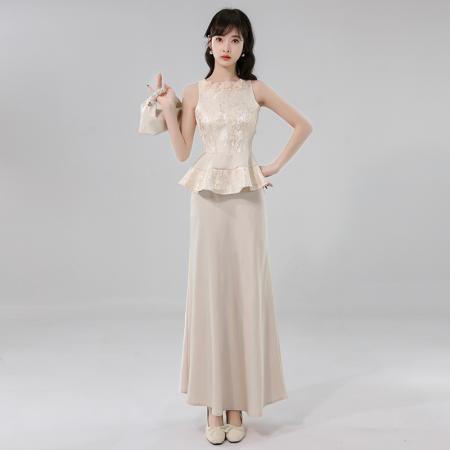 BY14243# 新中式国风名媛千金立体手工纱花鎏金提花无袖上衣半裙套装 服裝批發女裝批發服飾貨源