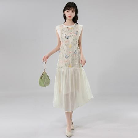 BY14244# 夏季新款国风蝴蝶刺绣重工设计拼接轻奢优雅无袖连衣裙 服裝批發女裝批發服飾貨源