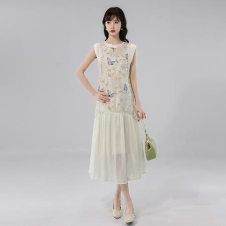 BY14244# 夏季新款国风蝴蝶刺绣重工设计拼接轻奢优雅无袖连衣裙 服裝批發女裝批發服飾貨源