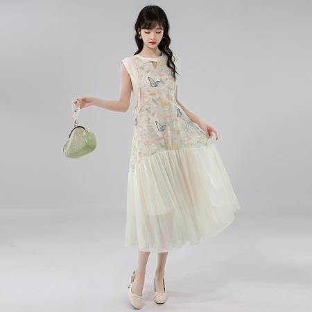 BY14244# 夏季新款国风蝴蝶刺绣重工设计拼接轻奢优雅无袖连衣裙 服裝批發女裝批發服飾貨源