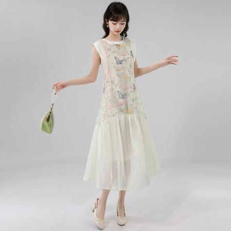 BY14244# 夏季新款国风蝴蝶刺绣重工设计拼接轻奢优雅无袖连衣裙 服裝批發女裝批發服飾貨源