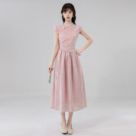 BY14245# 春夏季新款剪花连衣裙短袖粉彩风立领A字裙长裙 服裝批發女裝批發服飾貨源