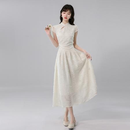 BY14245# 春夏季新款剪花连衣裙短袖粉彩风立领A字裙长裙 服裝批發女裝批發服飾貨源