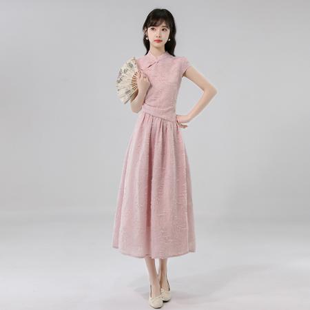 BY14245# 春夏季新款剪花连衣裙短袖粉彩风立领A字裙长裙 服裝批發女裝批發服飾貨源