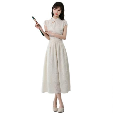 BY14245# 春夏季新款剪花连衣裙短袖粉彩风立领A字裙长裙 服裝批發女裝批發服飾貨源