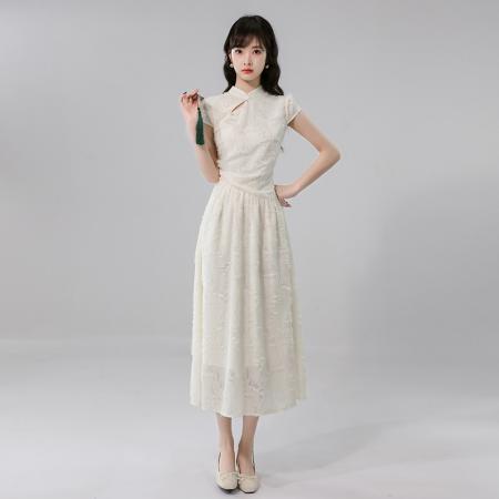 BY14245# 春夏季新款剪花连衣裙短袖粉彩风立领A字裙长裙 服裝批發女裝批發服飾貨源