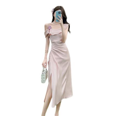 BY14246# 法式吊带裙新款气质轻奢修身显瘦高级设计荷叶边一字肩连衣裙 服裝批發女裝批發服飾貨源