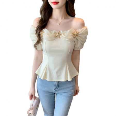 BY14247# 夏季新款一字肩性感上衣女法式优雅短款修身小衫海星装饰 服裝批發女裝批發服飾貨源