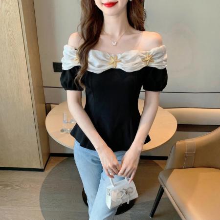 BY14247# 夏季新款一字肩性感上衣女法式优雅短款修身小衫海星装饰 服裝批發女裝批發服飾貨源