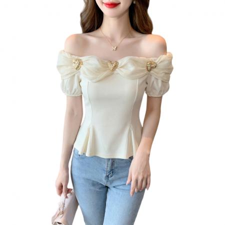 BY14248# 夏季新款法式轻奢荷叶边露肩短袖T恤收腰性感一字肩上衣 服裝批發女裝批發服飾貨源