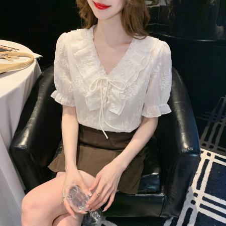 BY14249# 夏季法式气质荷叶边V领衬衫女高级感皱褶系带短袖上衣女 服裝批發女裝批發服飾貨源