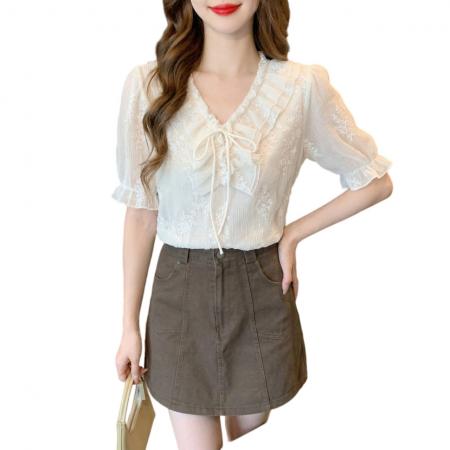 BY14249# 夏季法式气质荷叶边V领衬衫女高级感皱褶系带短袖上衣女 服裝批發女裝批發服飾貨源