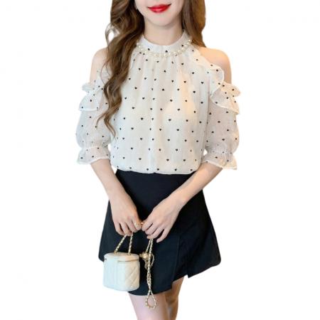 BY14250# 夏季法式优雅风露肩珍珠挂脖雪纺短袖衬衫女气质百搭上衣 服裝批發女裝批發服飾貨源