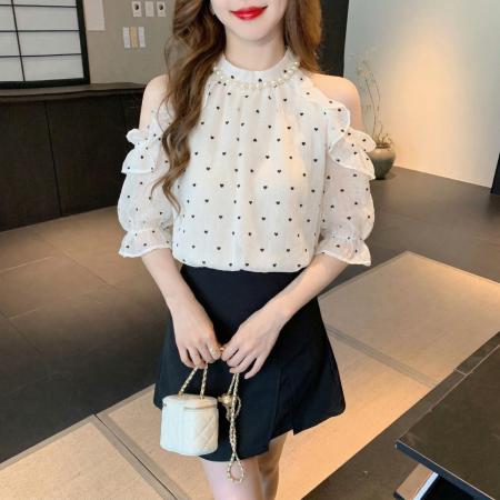 BY14250# 夏季法式优雅风露肩珍珠挂脖雪纺短袖衬衫女气质百搭上衣 服裝批發女裝批發服飾貨源