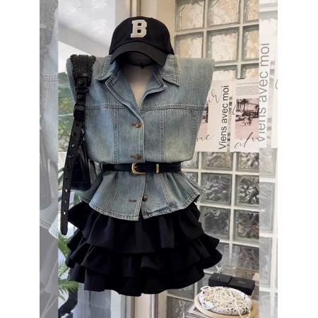 BY14251# 夏季穿搭一整套超火新款韩版气质蓝色无袖牛仔马甲短裙两件套 服裝批發女裝批發服飾貨源