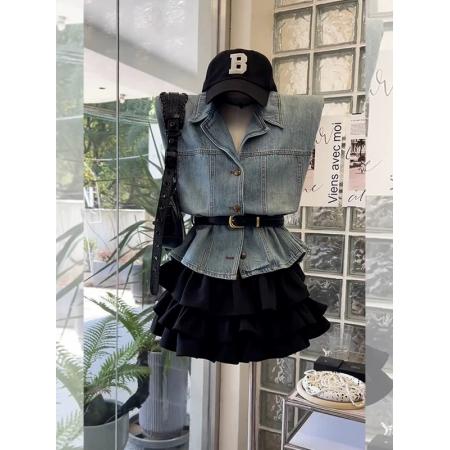 BY14251# 夏季穿搭一整套超火新款韩版气质蓝色无袖牛仔马甲短裙两件套 服裝批發女裝批發服飾貨源