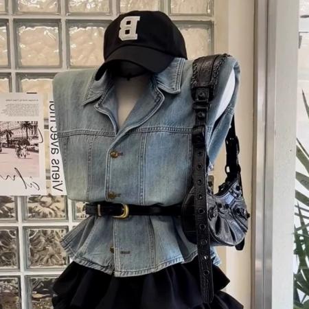 BY14251# 夏季穿搭一整套超火新款韩版气质蓝色无袖牛仔马甲短裙两件套 服裝批發女裝批發服飾貨源