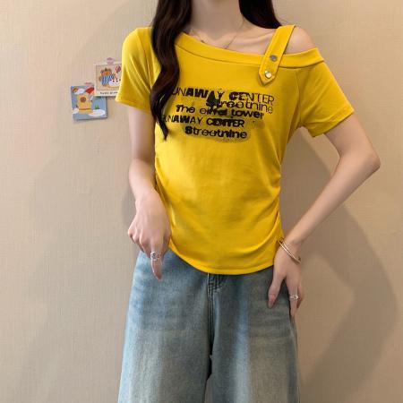 FA56861#夏装新款胖mm大码女别致印花字母露肩弧形短袖T恤