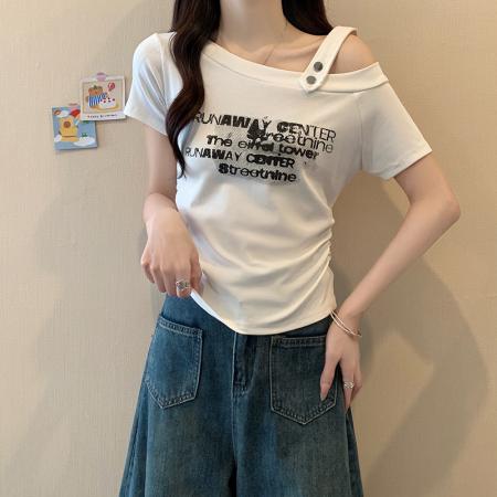 FA56861#夏装新款胖mm大码女别致印花字母露肩弧形短袖T恤