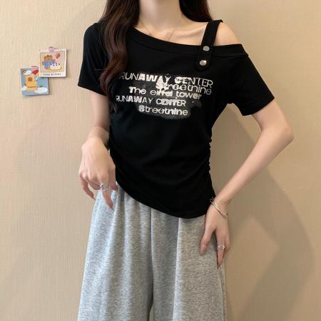FA56861#夏装新款胖mm大码女别致印花字母露肩弧形短袖T恤